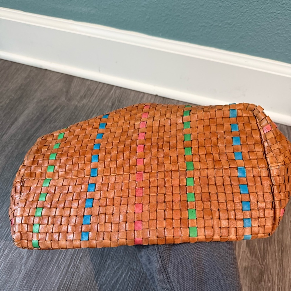 Woven Tan Leather Tote Bag with Multicolor Stripes - Picture 8 of 10